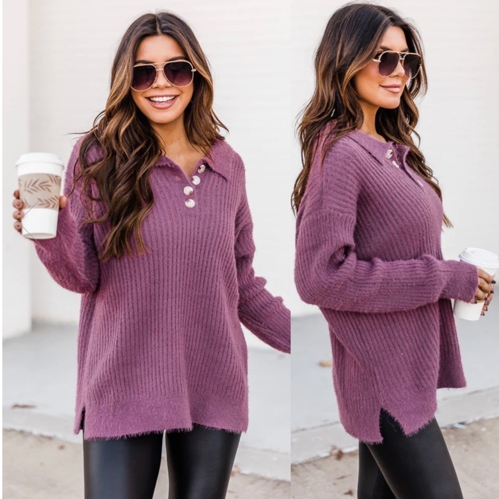 Pink Lily Purple Fuzzy Knit Collared Sweater